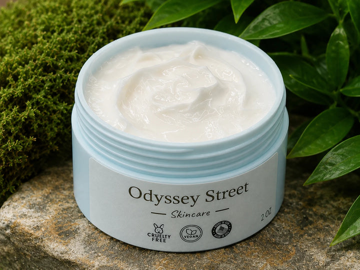 An open jar of Odyssey Street Skincare cream with white product visible inside, set on a stone surface with green moss and leaves in the background.